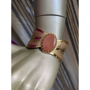 EUC Sparkle Gold Stone Engraved Feather Cuff Bracelet